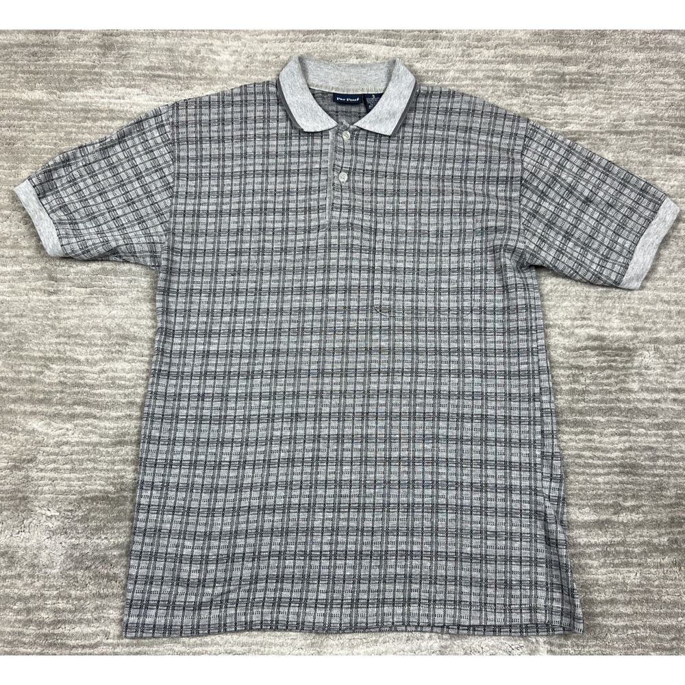 Par Four Polo Shirt Mens Medium Grey Plaid Short Sleeve Knit Made in USA Regular